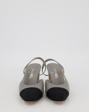 Chanel Grey Slingback Heels in Leather with Black Grosgrain Toecap Size EU 37C
