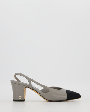 Chanel Grey Slingback Heels in Leather with Black Grosgrain Toecap Size EU 37C