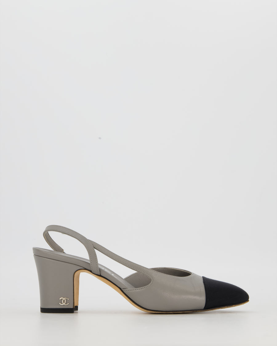 Chanel Grey Slingback Heels in Leather with Black Grosgrain Toecap Size EU 37C