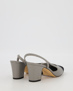 Chanel Grey Slingback Heels in Leather with Black Grosgrain Toecap Size EU 37C