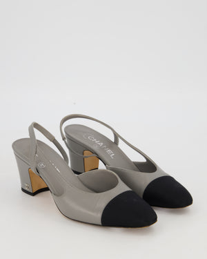 Chanel Grey Slingback Heels in Leather with Black Grosgrain Toecap Size EU 37C