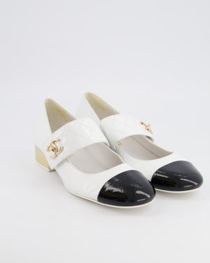 Chanel 2023 White Mary-Jane Flats with Patent Toecap, Gold Heel and Quilted Strap with CC Turnlock Detail Size EU 40