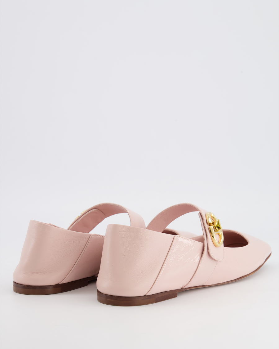 Valentino Baby Pink Patent Leather VLogo Locker Mary-Jane Flats with Gold Turnlock Detail Size EU 39.5