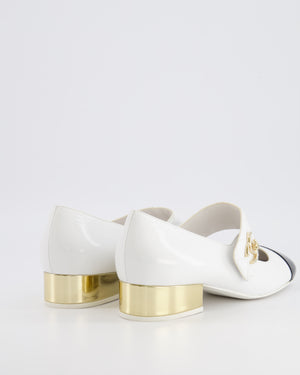 Chanel 2023 White Mary-Jane Flats with Patent Toecap, Gold Heel and Quilted Strap with CC Turnlock Detail Size EU 40