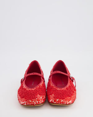 Ermanno Scervino Red Sequin and Lace Embroidered Mary-Jane Flats Size EU 39 RRP £700
