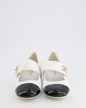 Chanel 2023 White Mary-Jane Flats with Patent Toecap, Gold Heel and Quilted Strap with CC Turnlock Detail Size EU 40