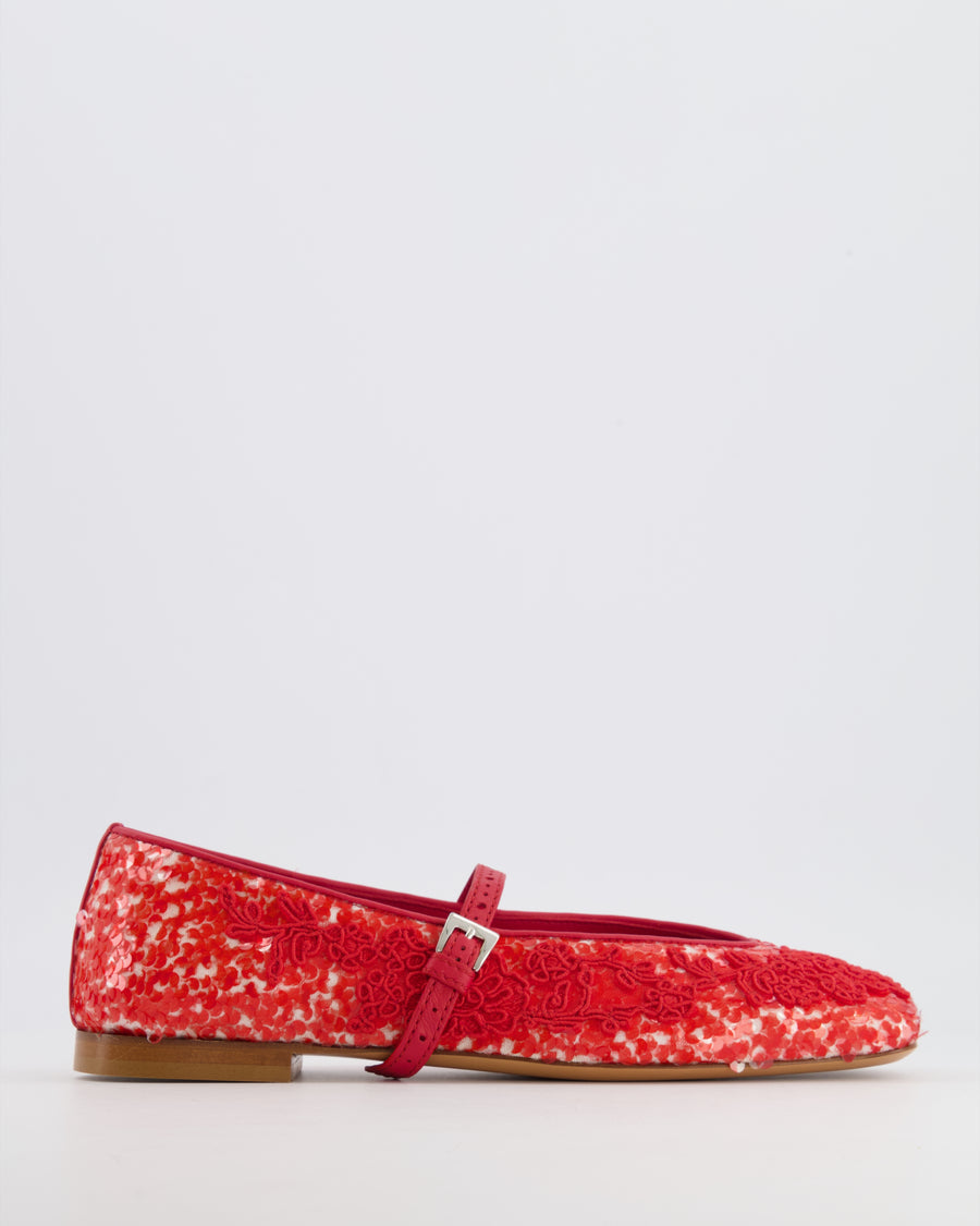 Ermanno Scervino Red Sequin and Lace Embroidered Mary-Jane Flats Size EU 39 RRP £700