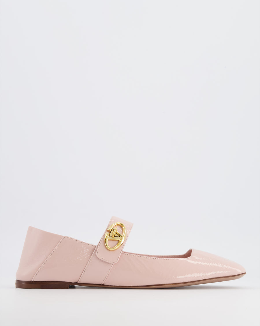 Valentino Baby Pink Patent Leather VLogo Locker Mary-Jane Flats with Gold Turnlock Detail Size EU 39.5