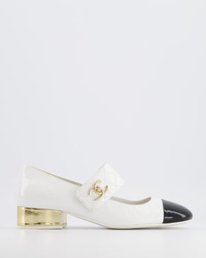Chanel 2023 White Mary-Jane Flats with Patent Toecap, Gold Heel and Quilted Strap with CC Turnlock Detail Size EU 40