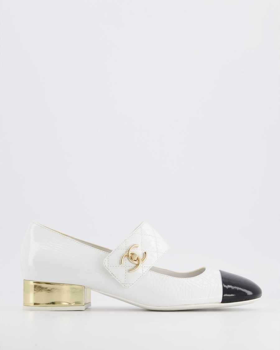 Chanel 2023 White Mary-Jane Flats with Patent Toecap, Gold Heel and Quilted Strap with CC Turnlock Detail Size EU 40