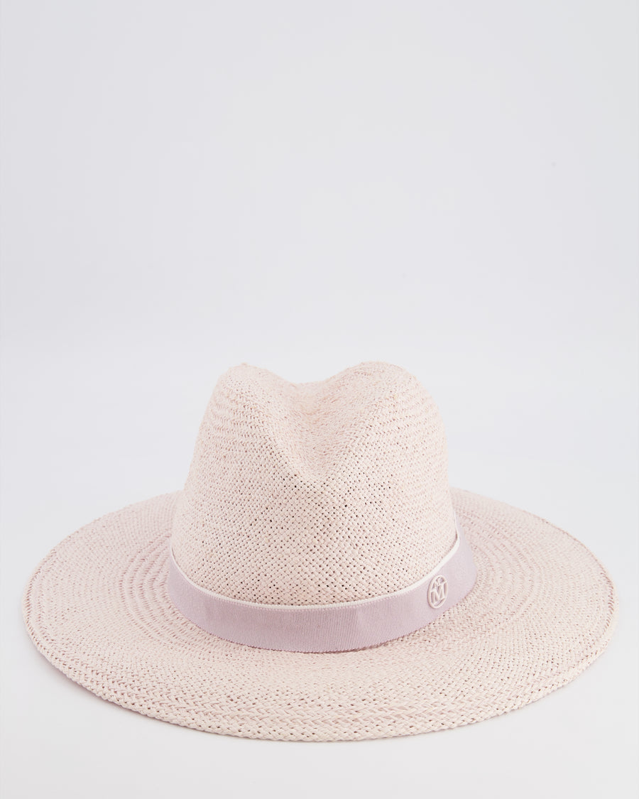 Maison Michel Pink Zango Straw Hat with Violet Ribbon Detail Size L
