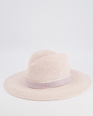 Maison Michel Pink Zango Straw Hat with Violet Ribbon Detail Size L