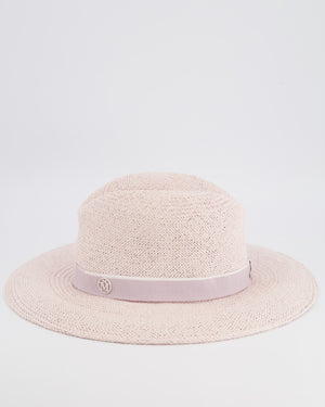 Maison Michel Pink Zango Straw Hat with Violet Ribbon Detail Size L