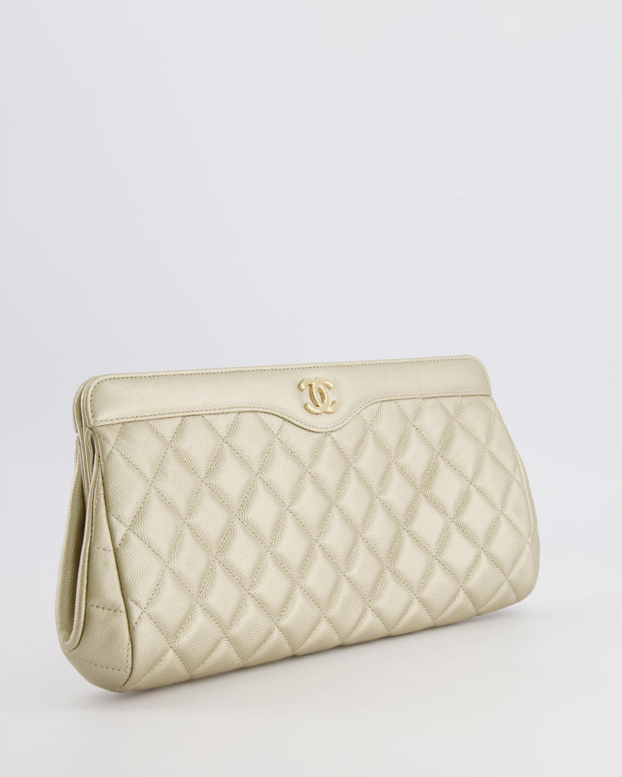 Chanel Gold Caviar Leather Quilted Clutch Bag with Champagne Gold Hardware