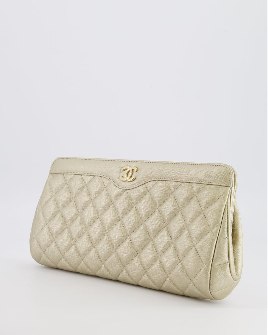 Chanel Gold Caviar Leather Quilted Clutch Bag with Champagne Gold Hardware
