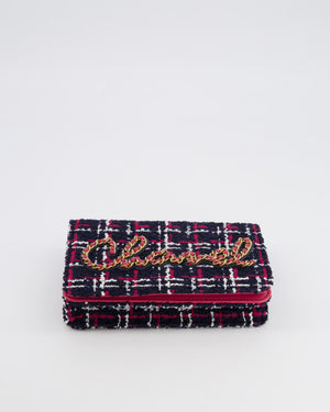 Chanel Navy Blue and Red Tweed "Written in Chain" Wallet on Chain Bag with Gold Hardware