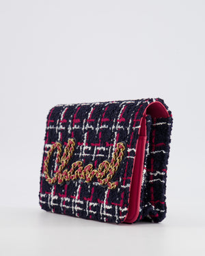 Chanel Navy Blue and Red Tweed "Written in Chain" Wallet on Chain Bag with Gold Hardware
