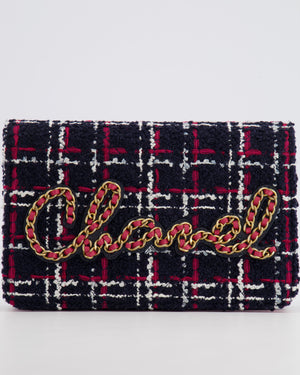 Chanel Navy Blue and Red Tweed "Written in Chain" Wallet on Chain Bag with Gold Hardware
