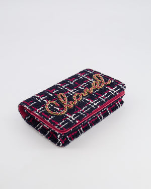 Chanel Navy Blue and Red Tweed "Written in Chain" Wallet on Chain Bag with Gold Hardware