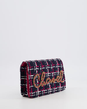 Chanel Navy Blue and Red Tweed "Written in Chain" Wallet on Chain Bag with Gold Hardware
