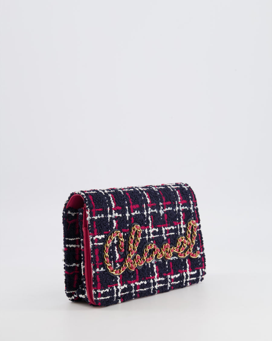 Chanel Navy Blue and Red Tweed "Written in Chain" Wallet on Chain Bag with Gold Hardware