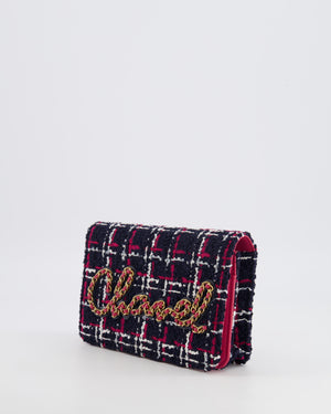 Chanel Navy Blue and Red Tweed "Written in Chain" Wallet on Chain Bag with Gold Hardware