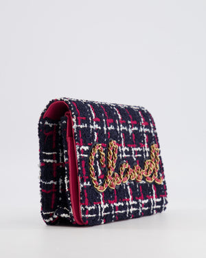 Chanel Navy Blue and Red Tweed "Written in Chain" Wallet on Chain Bag with Gold Hardware