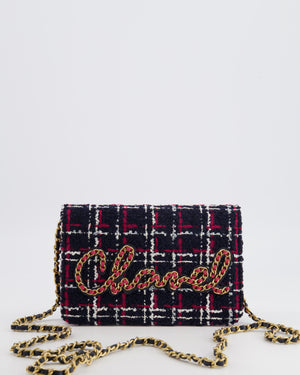 Chanel Navy Blue and Red Tweed "Written in Chain" Wallet on Chain Bag with Gold Hardware