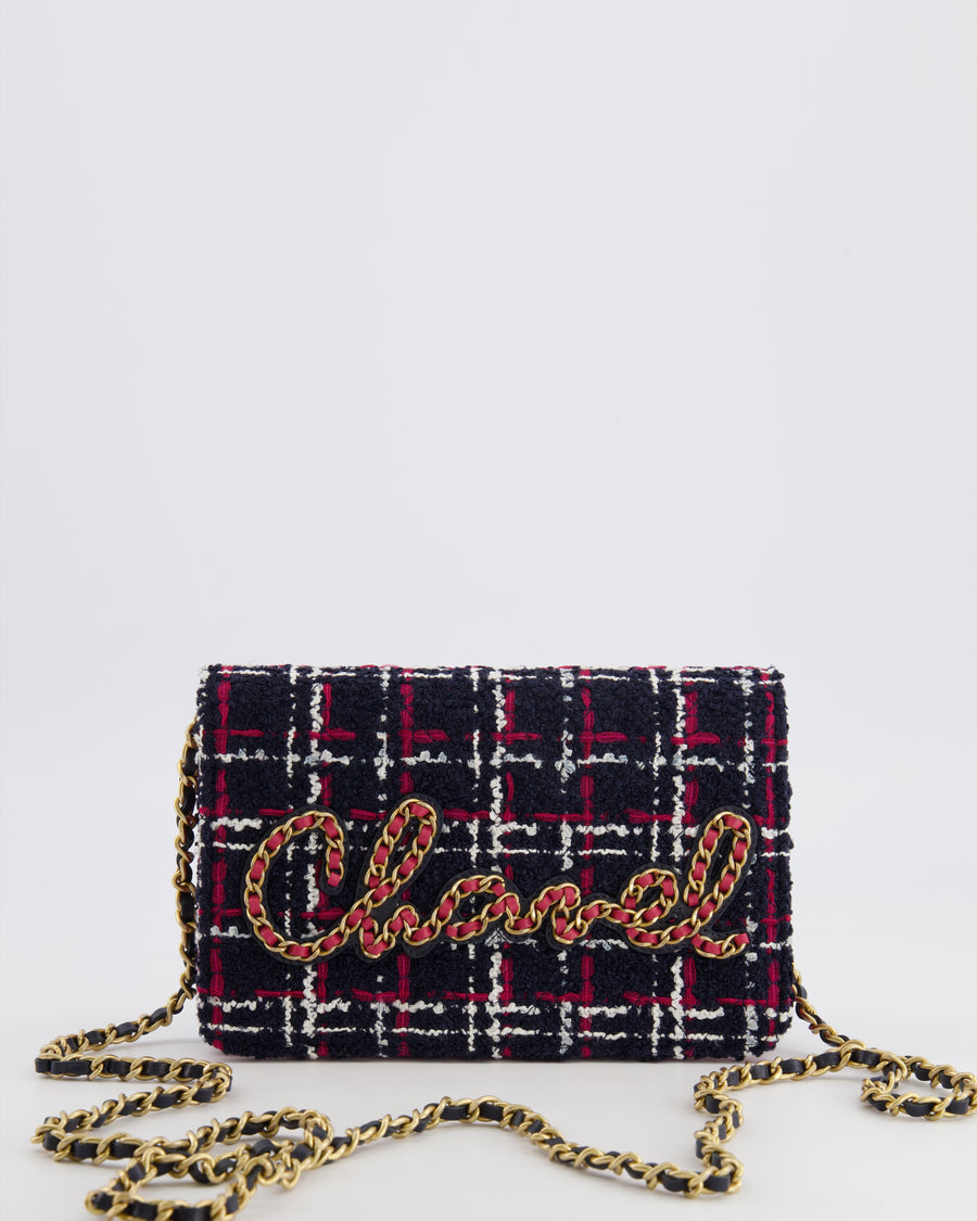 Chanel Navy Blue and Red Tweed "Written in Chain" Wallet on Chain Bag with Gold Hardware