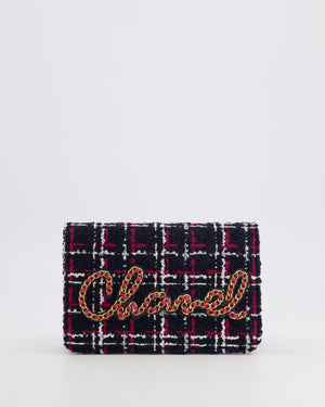 Chanel Navy Blue and Red Tweed "Written in Chain" Wallet on Chain Bag with Gold Hardware