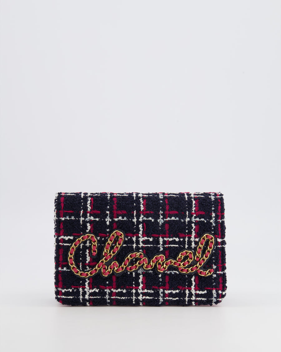 Chanel Navy Blue and Red Tweed "Written in Chain" Wallet on Chain Bag with Gold Hardware