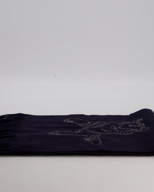Hermès Navy Cashmere Scarf with Tiger Stitched Logo and Fringed Trims