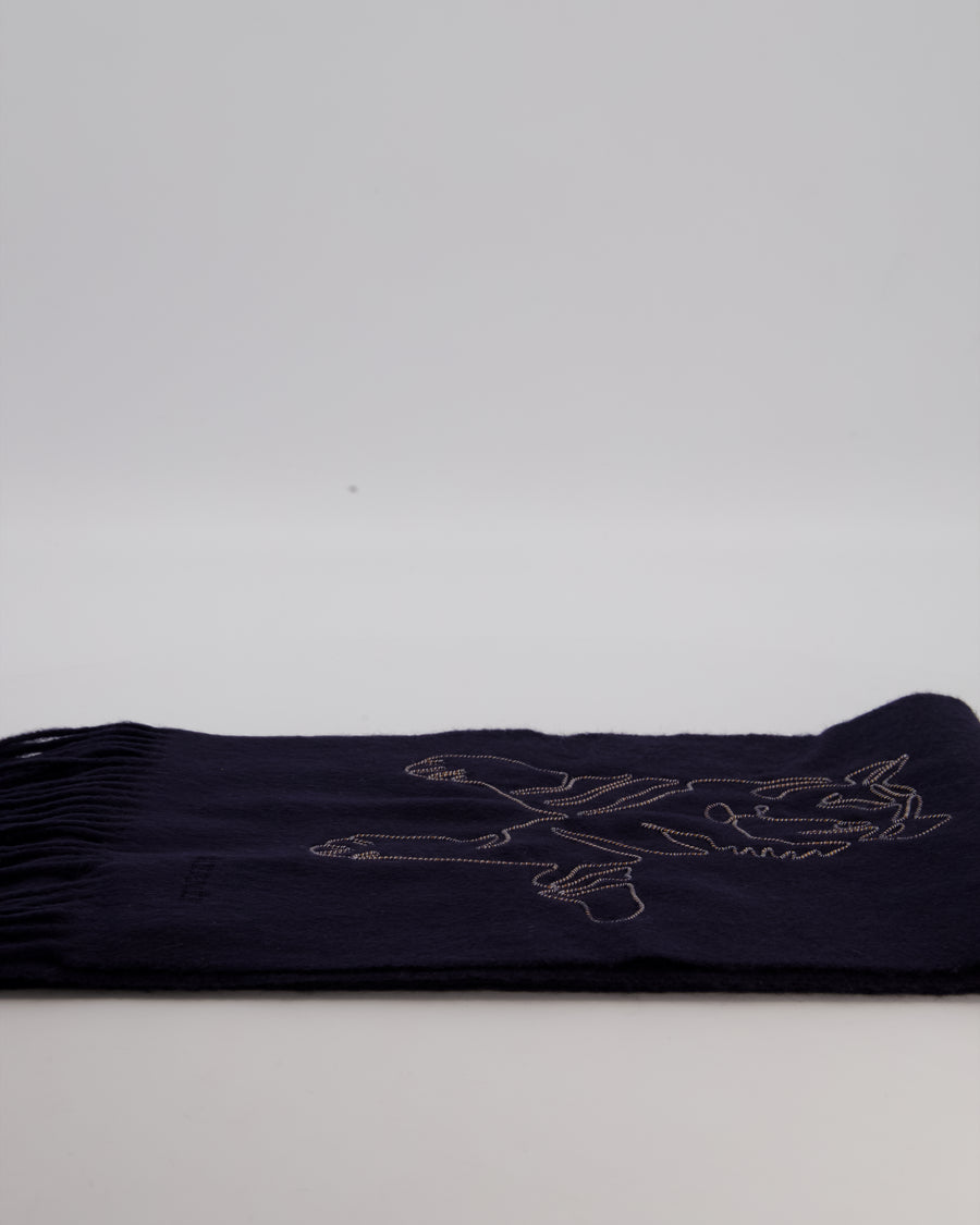 Hermès Navy Cashmere Scarf with Tiger Stitched Logo and Fringed Trims