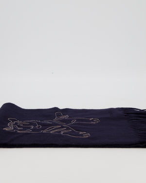 Hermès Navy Cashmere Scarf with Tiger Stitched Logo and Fringed Trims