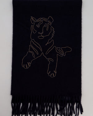 Hermès Navy Cashmere Scarf with Tiger Stitched Logo and Fringed Trims