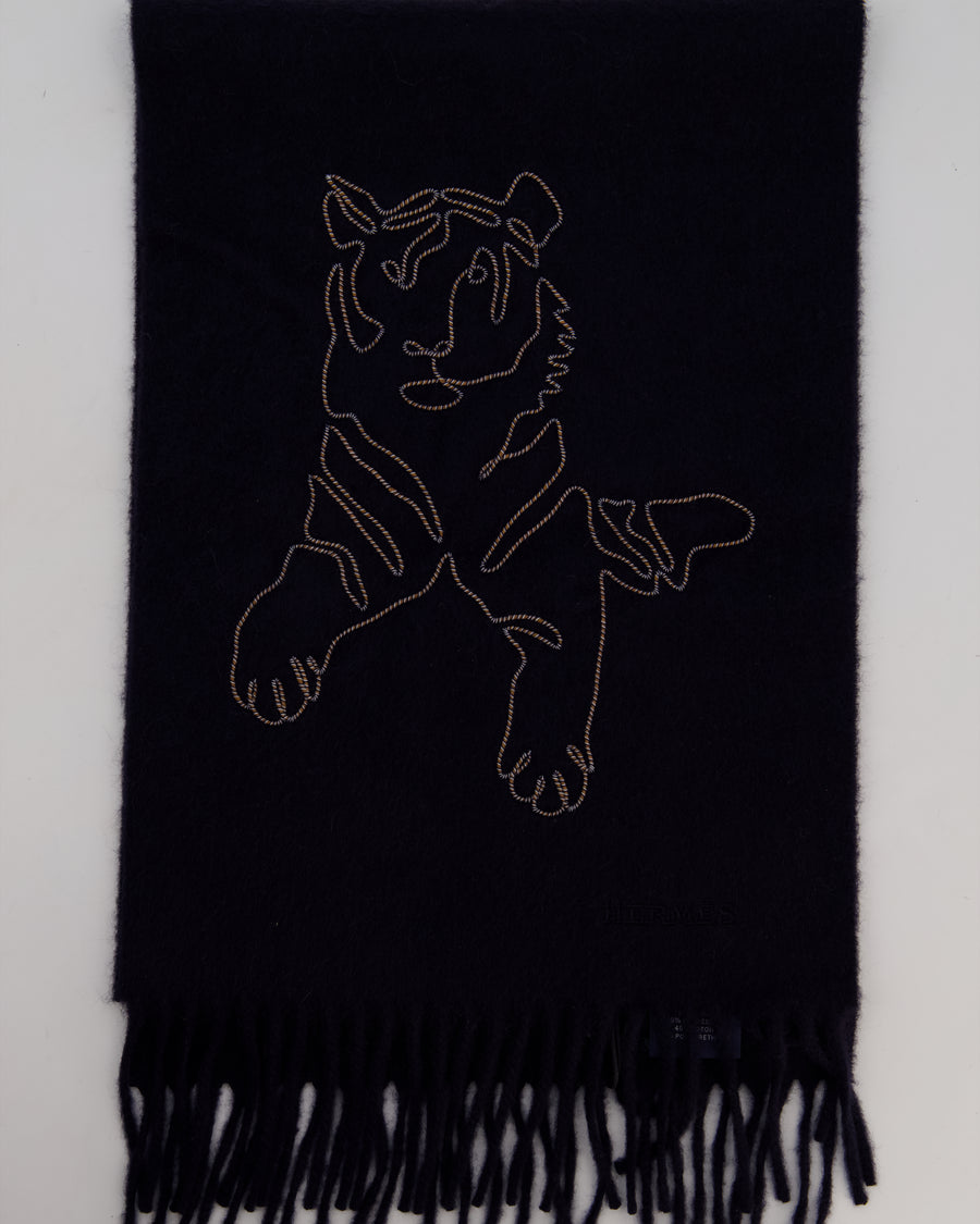 Hermès Navy Cashmere Scarf with Tiger Stitched Logo and Fringed Trims