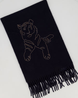 Hermès Navy Cashmere Scarf with Tiger Stitched Logo and Fringed Trims