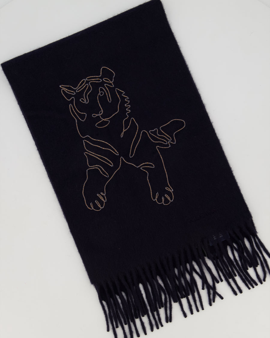 Hermès Navy Cashmere Scarf with Tiger Stitched Logo and Fringed Trims
