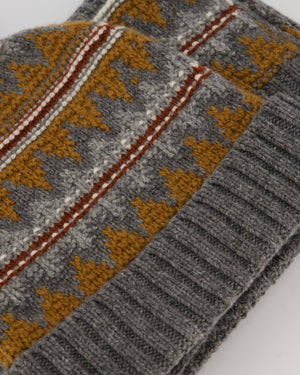 Loro Piana Grey Cashmere Scarf and Beanie With Brown Pattern 30cm x 170cm