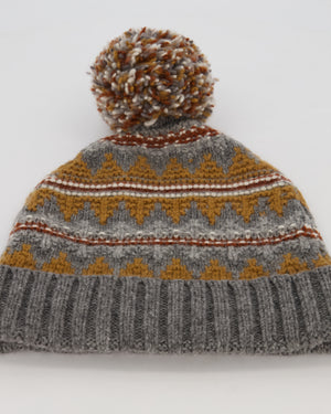 Loro Piana Grey Cashmere Scarf and Beanie With Brown Pattern 30cm x 170cm