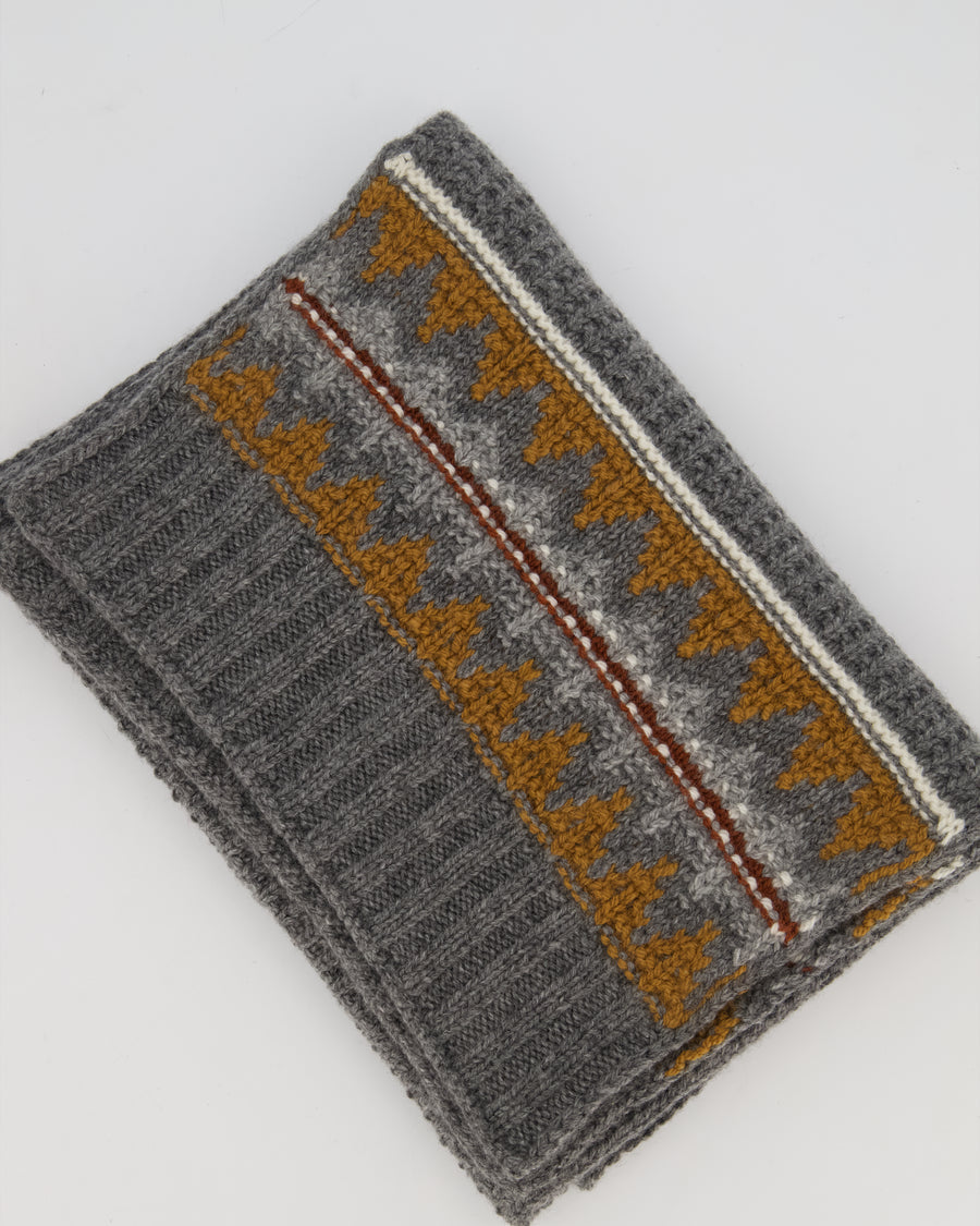 Loro Piana Grey Cashmere Scarf and Beanie With Brown Pattern 30cm x 170cm