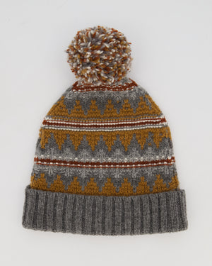Loro Piana Grey Cashmere Scarf and Beanie With Brown Pattern 30cm x 170cm
