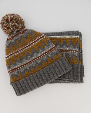 Loro Piana Grey Cashmere Scarf and Beanie With Brown Pattern 30cm x 170cm