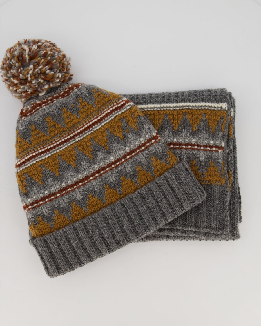 Loro Piana Grey Cashmere Scarf and Beanie With Brown Pattern 30cm x 170cm