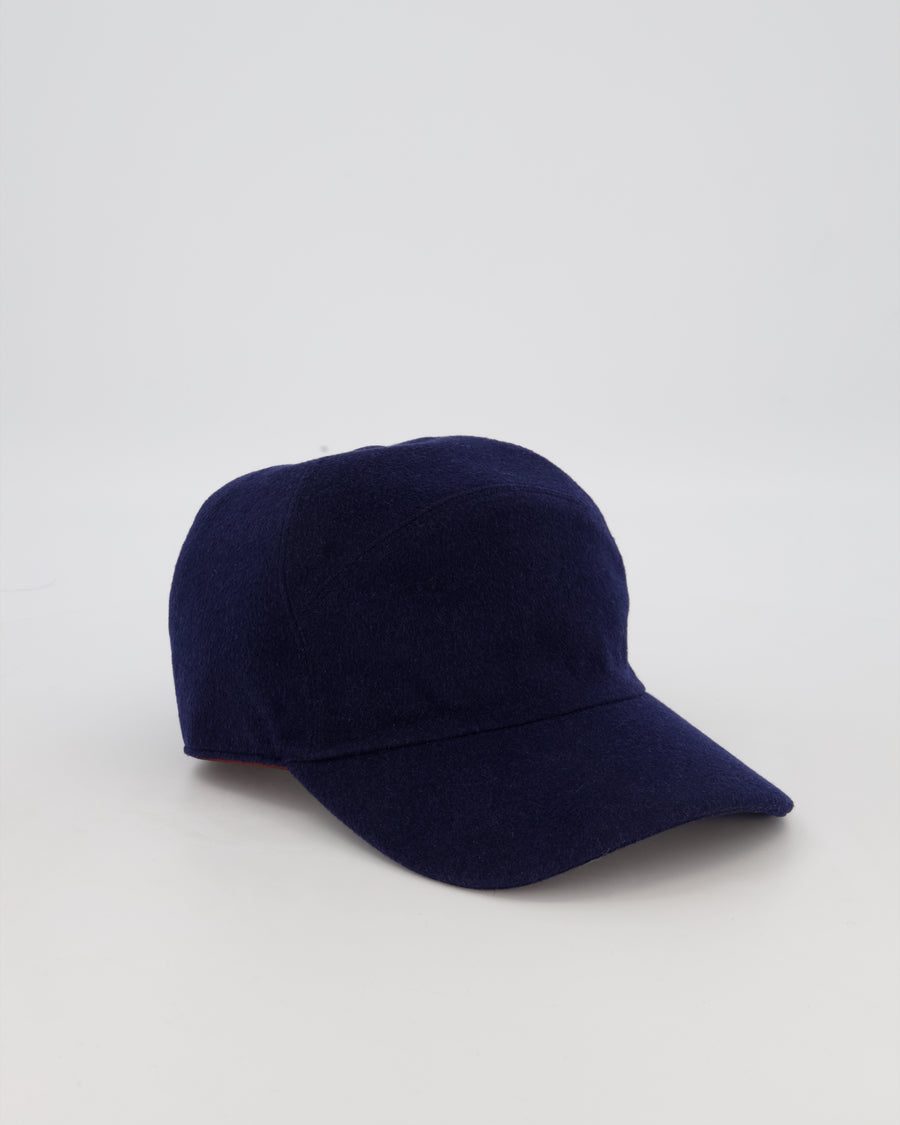 Loro Piana Navy Cashmere Cap With Plaque Logo Detail On The Side Size XXL