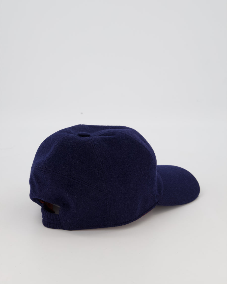 Loro Piana Navy Cashmere Cap With Plaque Logo Detail On The Side Size XXL