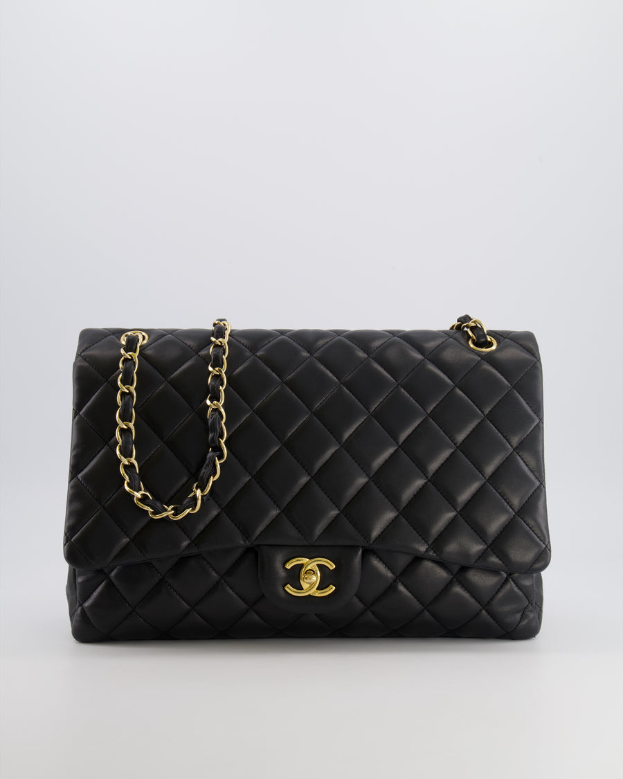 Chanel Black Maxi Single Flap Bag in Black Lambskin Leather with Gold Hardware