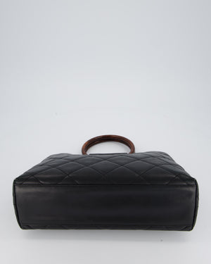 Chanel Vintage Black Quilted Lambskin Leather Tote Bag with Wooden CC and Handle Detail