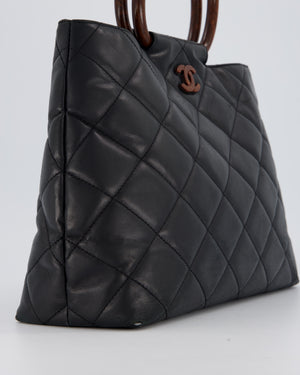 Chanel Vintage Black Quilted Lambskin Leather Tote Bag with Wooden CC and Handle Detail