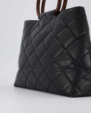 Chanel Vintage Black Quilted Lambskin Leather Tote Bag with Wooden CC and Handle Detail